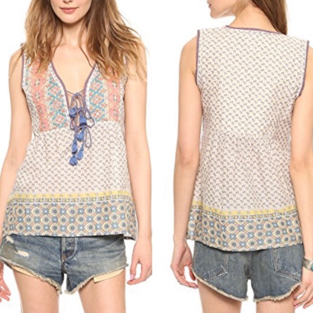 House Of Harlow Floral Print Tank Top S V Neck Tassel Tie Quilted Bodice Boho